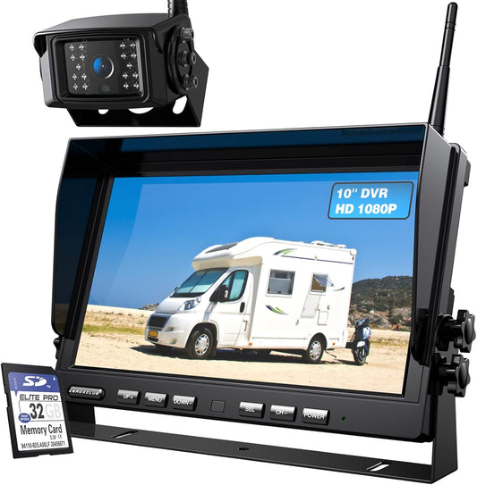 1080P Wireless Backup Camera System for RV Trailer Truck Camper,10 Inch DVR Monitor w/Recording IR Night Vision Digital Wireless Rear View Camera Adapter for Furrion Pre-Wired RVs,BW101SL