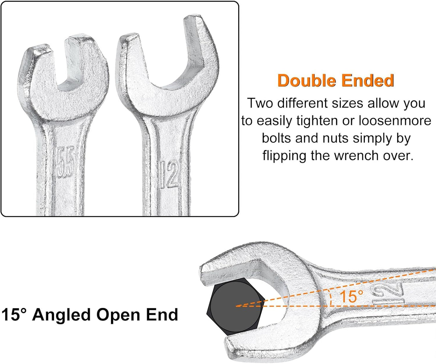 HARFINGTON Double Open End Wrench 13mm x 15mm Metric 15 Degree Offset Angle Small Flat Head Wrench Galvanizing Open Ended Spanner for Automotive Repair Furniture Assembly