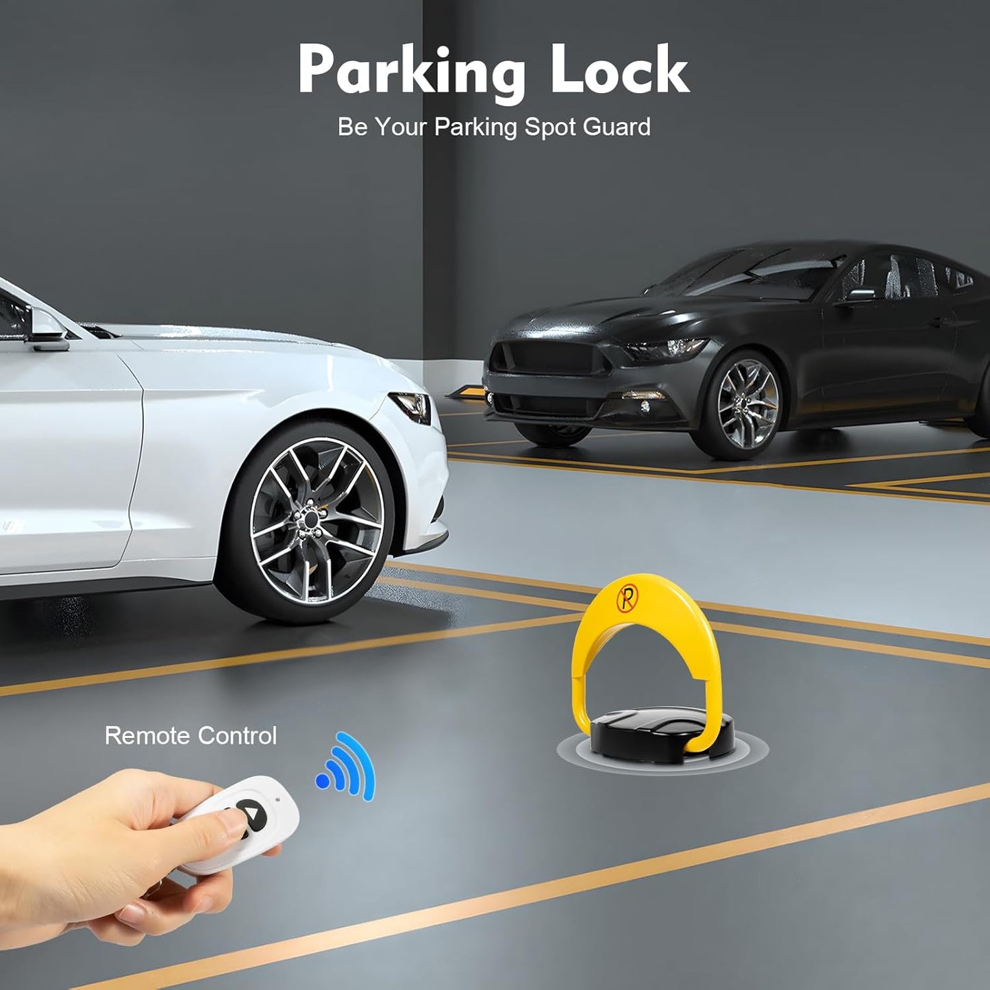 65.6FT Automatic Remote Control Parking Spot Lock, Yellow Parking Barrier Waterproof, Parking Spot Blocker with 180 ° Rotating Rocker Arm, Withstand Up to 4410 lbs(Battery Not Included)