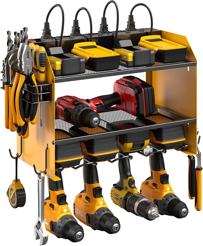 CCCEI Modular Power Tool Organizer Wall Mount with Charging Station. Garage Drill Storage Shelf with Hooks, Heavy Duty Rack, Tool Battery Holder Built in 8 Outlet. Gift for Men. Yellow, 2 Pack.