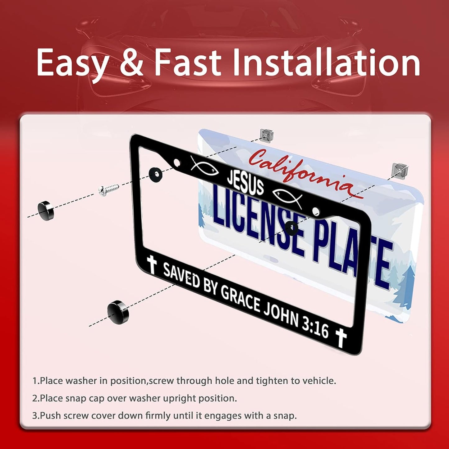 John 3:16 Jesus License Plate Frames Round Hole Personalise License Plate Frame Car Universal Accessories Stainless Steel Cars Decor 2 Holes and Screws Fits Standard US Vehicles Size 12.2 x 6 Inches