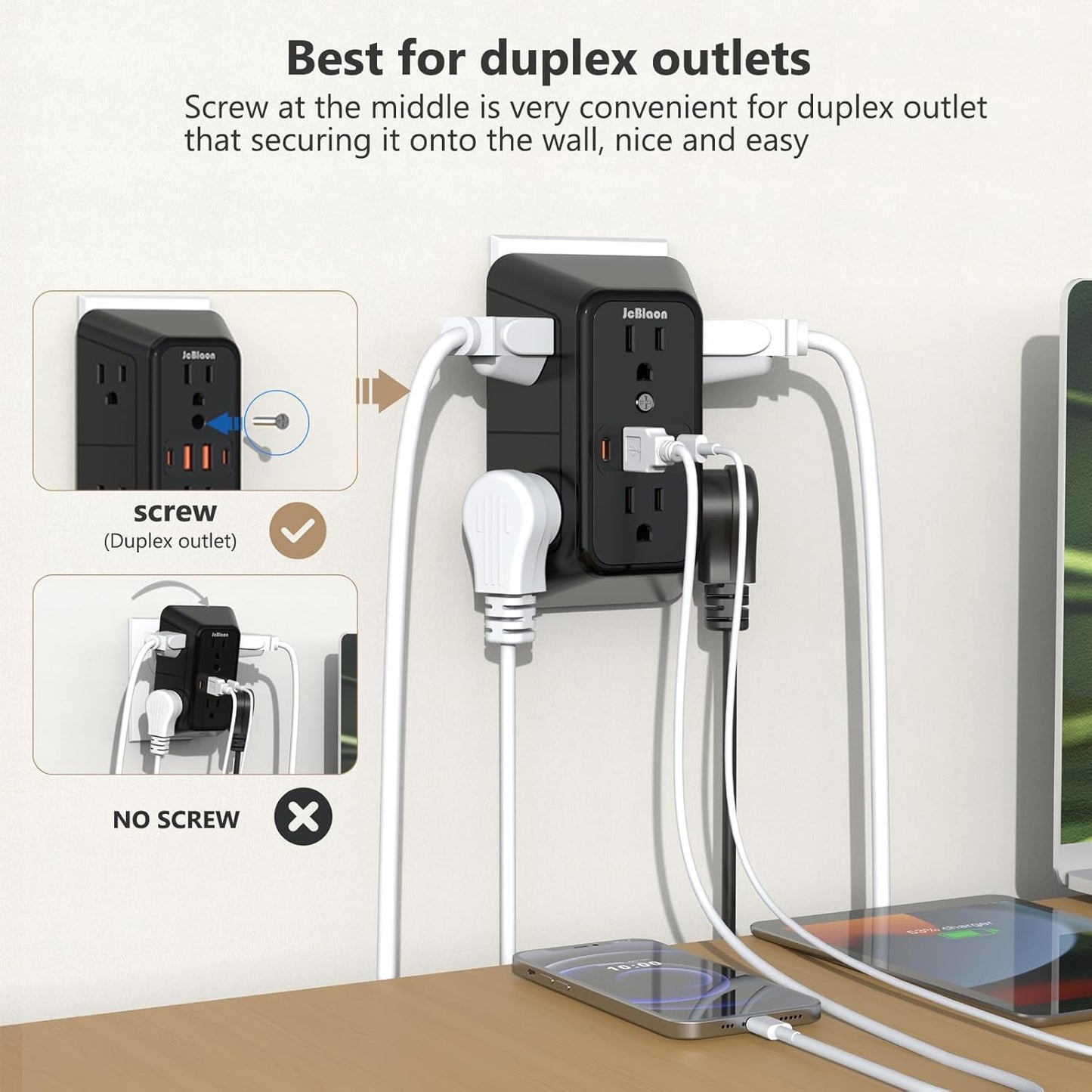 Outlet Extender Surge Protector - 6 Outlet Splitter with 4 USB Ports (2 USB C), Multiple Plug Expander Wall Charger, 3 Sided Multi Plug Wall Adapter Power Strip for Home Office Kitchen Travel