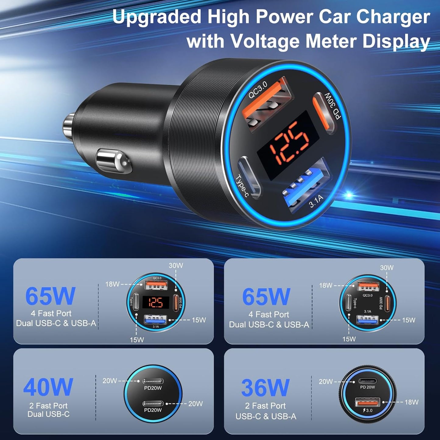 3 Pack USB C Car Charger, 4-Port 65W Dual 12V USB-A & USBC Cigarette Lighter Adapter Plug with Voltmeter PD/QC 3.0 Fast Charging Car Phone Charger for iPhone 16e 15 14 13 12 11 Pro Max, Android-Black