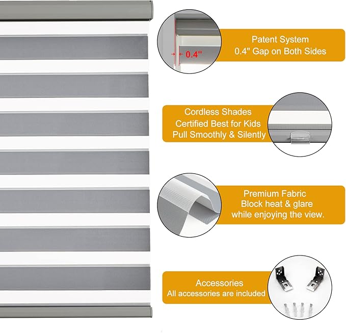 Persilux Zebra Blinds Cordless Blinds for Windows (55" W x 72" H, Grey) Dual Layer Zebra Shades, Light Control for Day and Night, for Home, Office, Bedroom, Living Room…