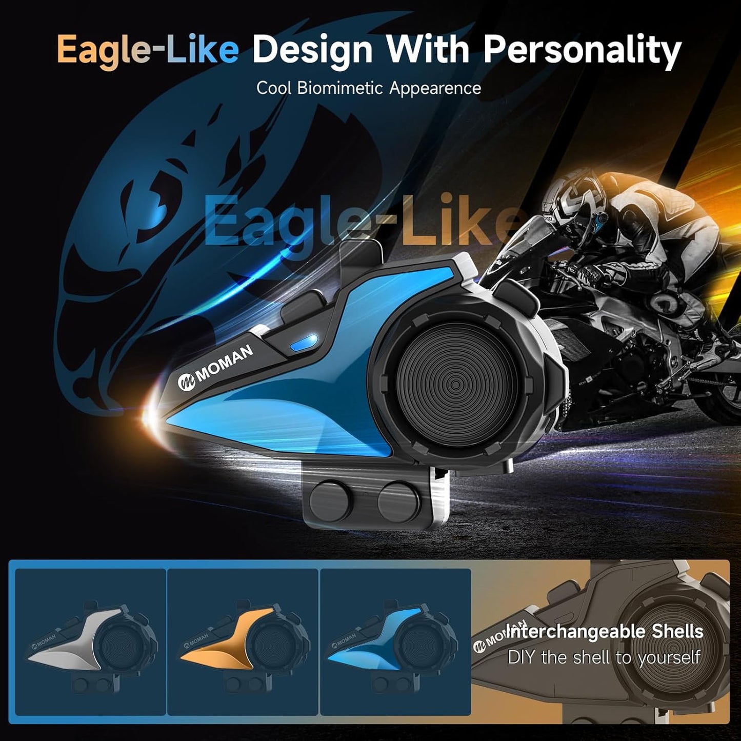 Motorcycle Intercom Headset, Moman H2E Eagle-Like Communication System with Dual Chips for Audio Multitasking HiFi Sound/Music Sharing/FM/AI Voice (2Pack), Motorcycle-Intercom-Helmet-Headset-Headphone