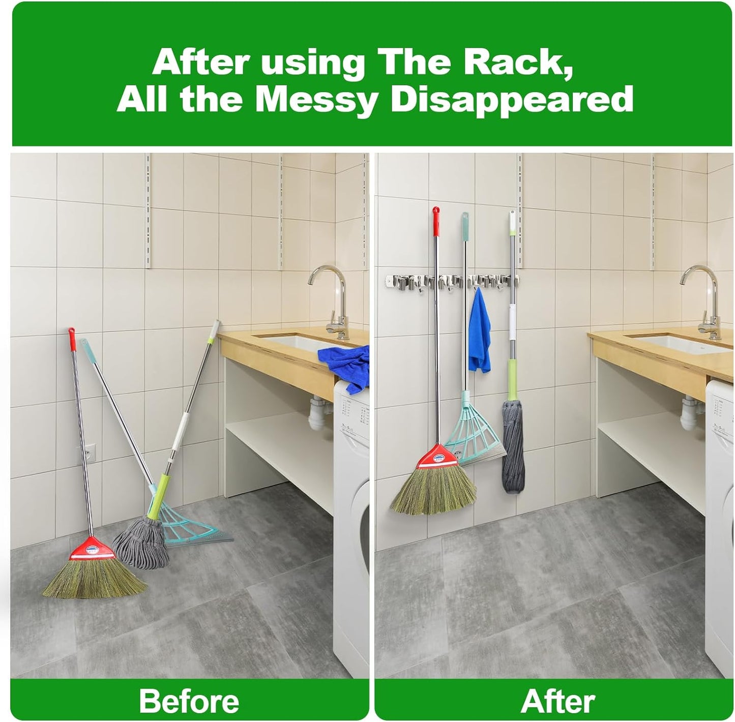 voze [2 Pack] 5 Racks and 4 Hooks Mop and Broom Holder Wall Mount, Self Adhesive Heavy Duty Broom Organizer Storage Tool Racks for Kitchen Garden Laundry Garage, Silver