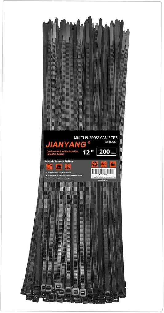 12 Inch Zip Ties Double Sided Toothed,100 LBS Tensile Strength Heavy Duty Cable Wire Ties With Self-Locking Adjustable More Durable Nylon Tie Wraps for Indoor Outdoor（200 Pack）