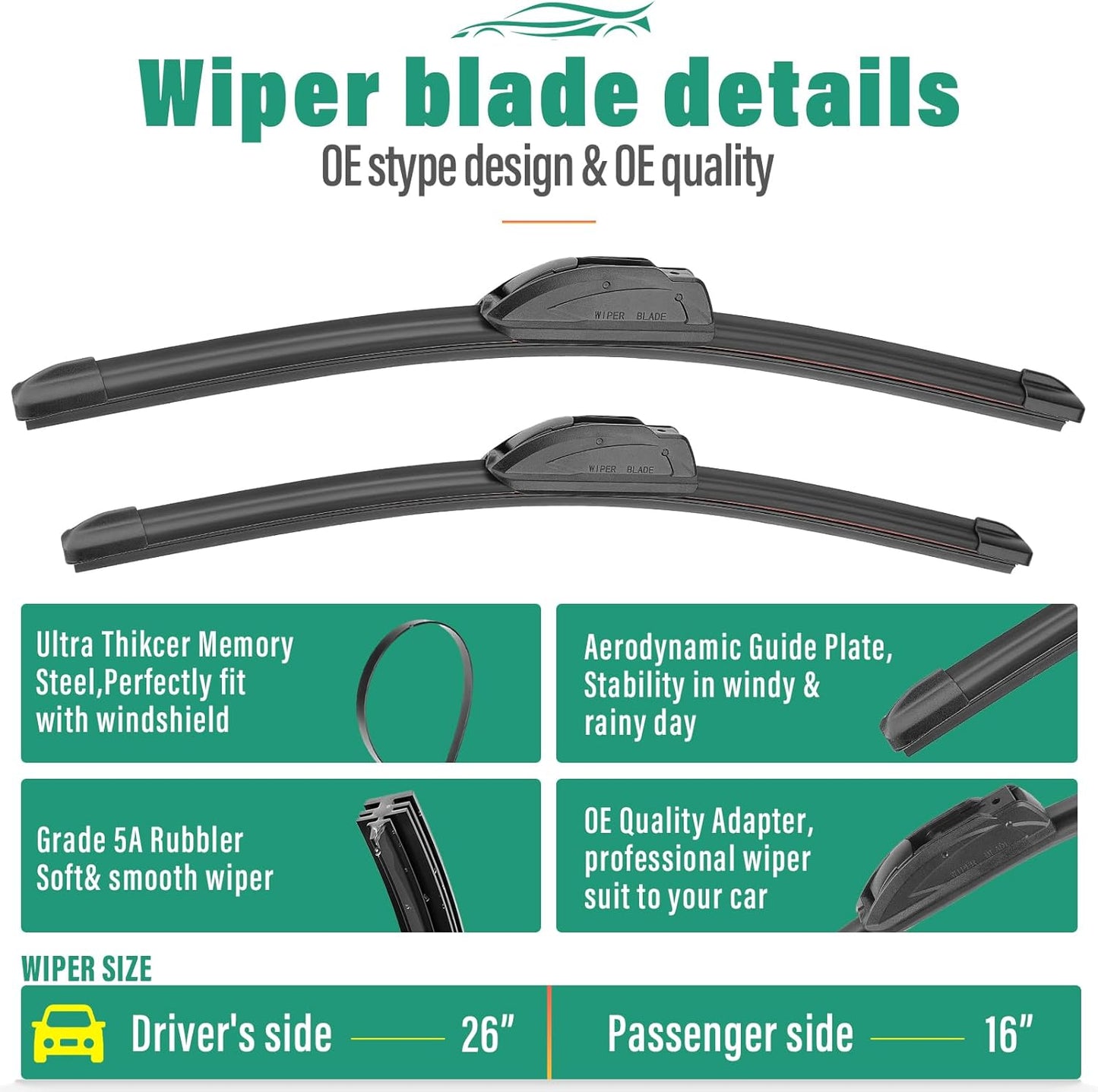 26" 16" 11" Windshield Wiper Blades Replacement for Hyundai Kona 2018 2019 2020 2021 2022 2023 Kona Electric Premium All Weather Front Rear Wipers Set - OEM Quality (Pack of 3)