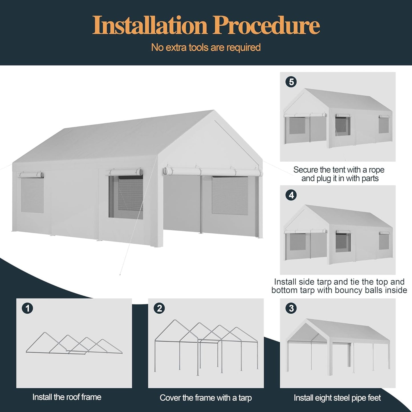 Shintenchi Carport 12' x 20' Heavy Duty Portable Garage, Car Port Canopy with Side-Opening Removable Door & Roll-Up Windows, Car Canopy for Truck,Car,Boat,Motorcycle,White