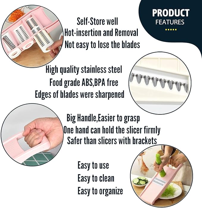 Mandoline Slicer for Kitchen Slicer Vegetable Cutter 5 In 1 Veggie Slicer Potato Slicer waffle fry cutter Hot Swap Mandolin with Peeler for Vegetables Carrot Shredder Cucumber Slicer - Pink
