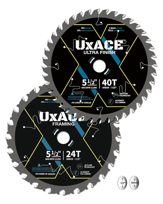 5-1/2-Inch 24&40-Tooth Circular Saw Blade with 5/8-Inch Arbor, Framing & Ultra Finish Wood Cutting, Carbide Tip, Thin Kerf, for Plywood, MDF, OSB, Laminated, 2 Pack