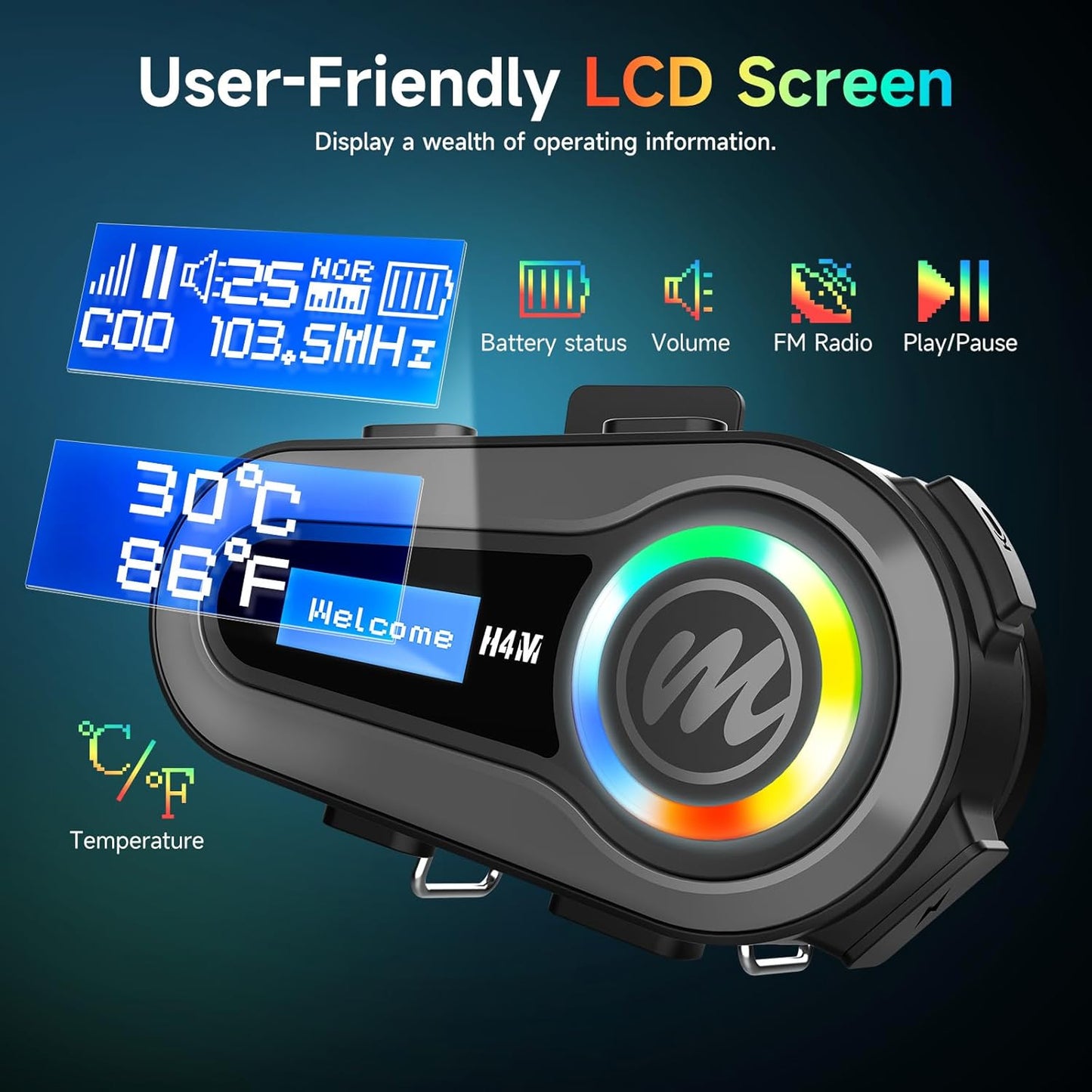 Moman Motorcycle Helmet Headset, H4M with 【LCD Screen & 6 EQ Sound】 Motorbike Helmet Speaker Single Person Use BT5.3 Headphone with HiFi Stereo FM Radio AI Voice Assitant IPX6 Waterproof