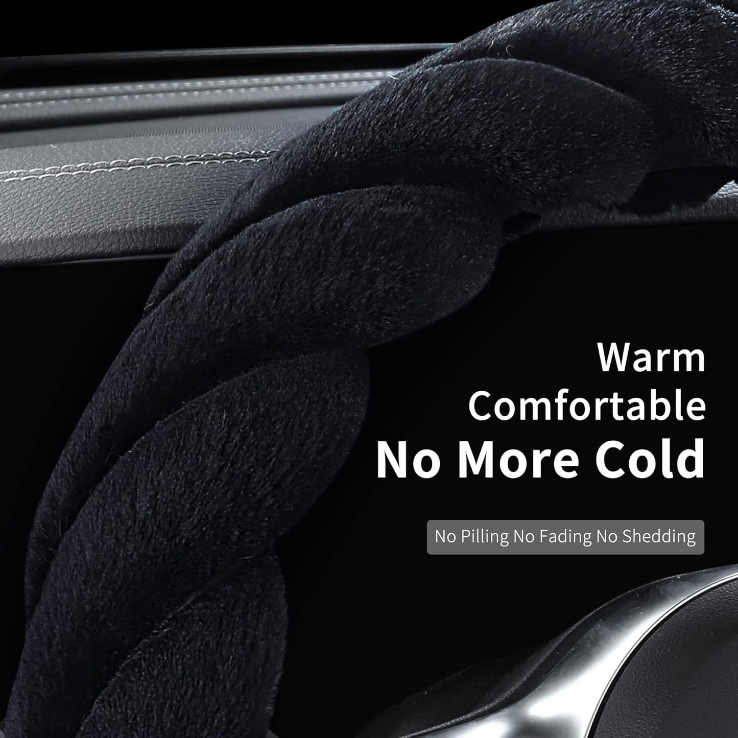 Luxury Fluffy Winter Car Steering Wheel Cover for Women Soft Warm Cute Auto Handle Cover for Jeep, Truck, Van, F150, Fuzzy, Anti Slip, Black, Large Size, 15.2-16in