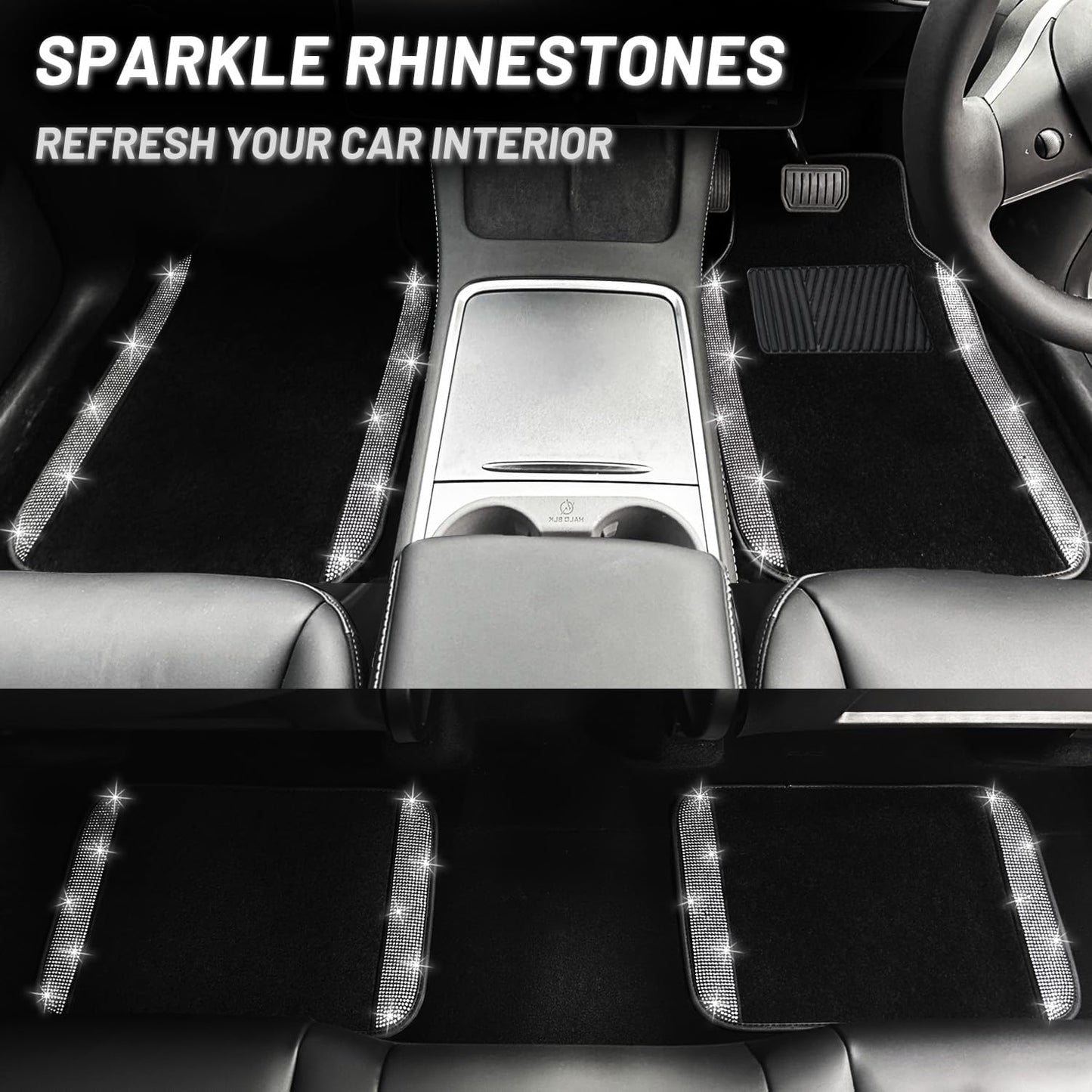 NBTEPEM Bling Car Floor Mats Full Set, Universal Fit Most Cars,SUV, Trucks, 4 pcs Sparkle Glitter Diamond Carpet for Women Girls with Anti-Slip Pad (Silver Diamond)