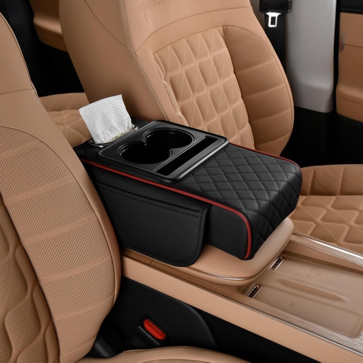 Car Center Console Cover Booster Multifunctional Car Center Console Cushion Pad with Cup Holder & Tissue Box & Side Pockets Arm Rest Cover for Car, Quilting, Black-red
