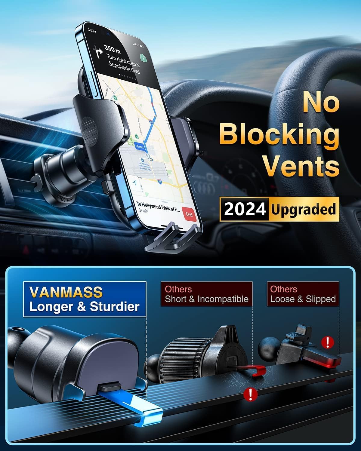 VANMASS [True Military-Grade] Car Phone Holder [Best Suction & Clip] Cell Phone Mount for Dashboard Windshield Vent Truck Cradle Dash Stand for iPhone 15 Pro Max 14 13 12 Android, White