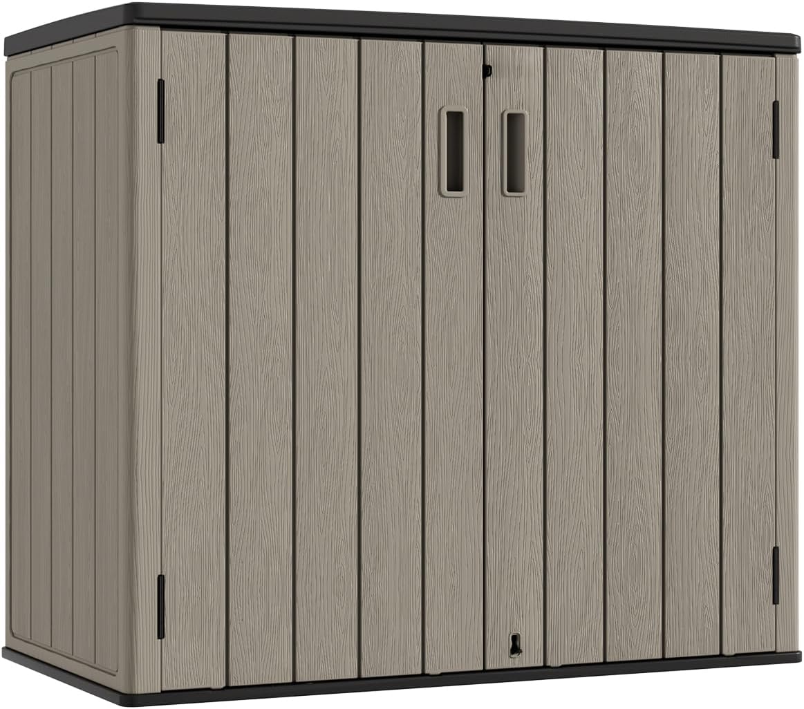 KINYING Outdoor Horizontal Storage Sheds,Outdoor Storage Cabinet Waterproof Resin Tool Storage Box for Lawn Mower,Garden Tools and Patio Furniture, Lockable (Brown)