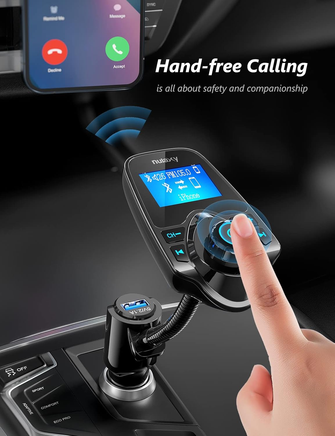 Nulaxy Car Bluetooth FM Transmitter [2024 Upgraded], 1.44" Display Flexible Gooseneck, Handsfree Call Wireless Music Stereo Audio Player Radio Adapter Car Kit USB Phone Charger, TF SD Card AUX-KM18