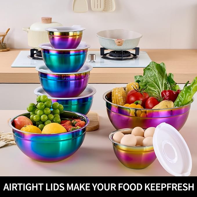 Rainbow Mixing Bowls with Lids Set of 7, Stainless Steel Nesting Bowl with Khaki Lid for Non-slip Mixing Prepping Storing Serving, 7 Sizes-7/3.6/2.7/2.1/1.5/1/0.8 QT