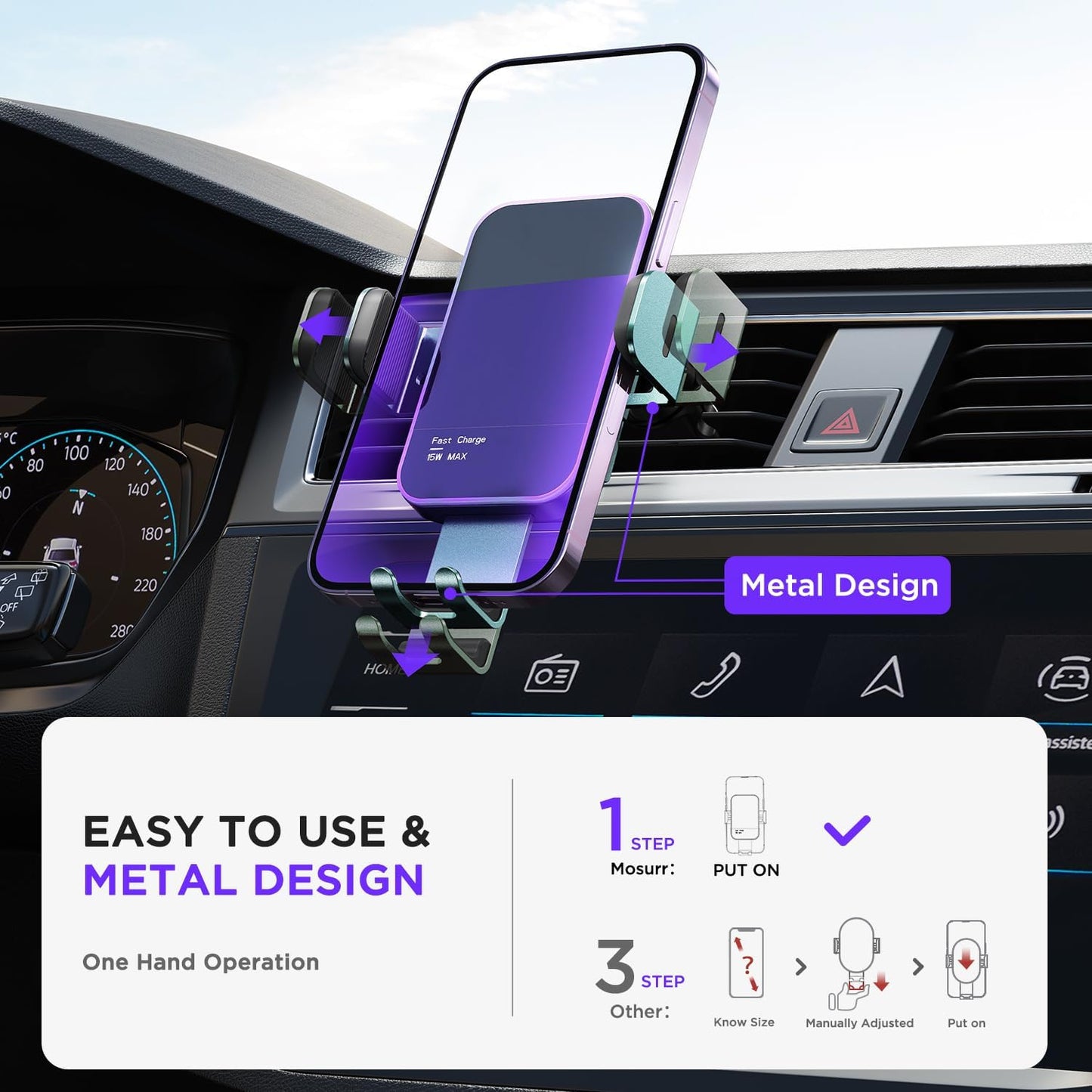 Wireless Car Charger,【7 Colored LED Backlit】 15W Auto Clamping Phone Mount Holder fit for iPhone 15 14 13 12 Mini Pro Max 11 XR XS X, Samsung Galaxy S23 Ultra S22 S21+ S10+ Note 20, etc - Green