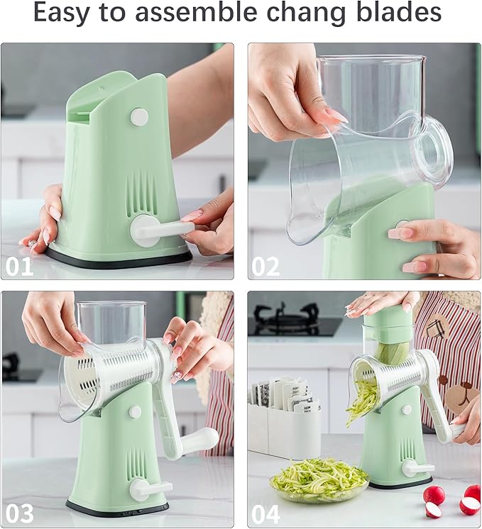 VEKAYA Rotary Cheese Grater, 5 in 1 Cheese Grater with Handle, Replaceable Stainless Blades Cheese Shredder, Cheese Vegetable Slicer, Easy to Clean Kitchen Gadgets with Storage Box