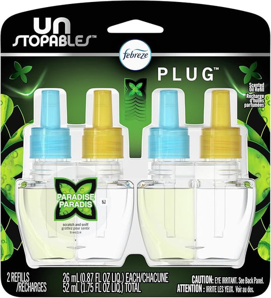Febreze Plug in Air Fresheners, Unstopables Paradise, Odor Eliminator for Strong Odors, Scented Oil Refill (2 Count)