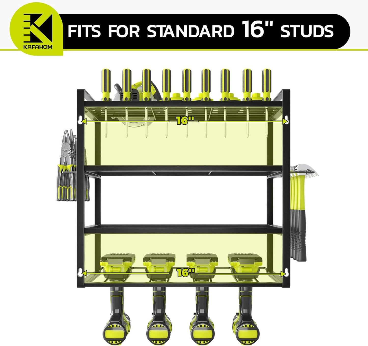 KAFAHOM Power Tool Organizer, Garage Tool Organizers and Storage,Drill Holder Wall Mount, Storage Rack for Cordless Drill, Heavy Duty Tool shelf with Screwdriver Holder/Pliers Holder/Hammer Holder