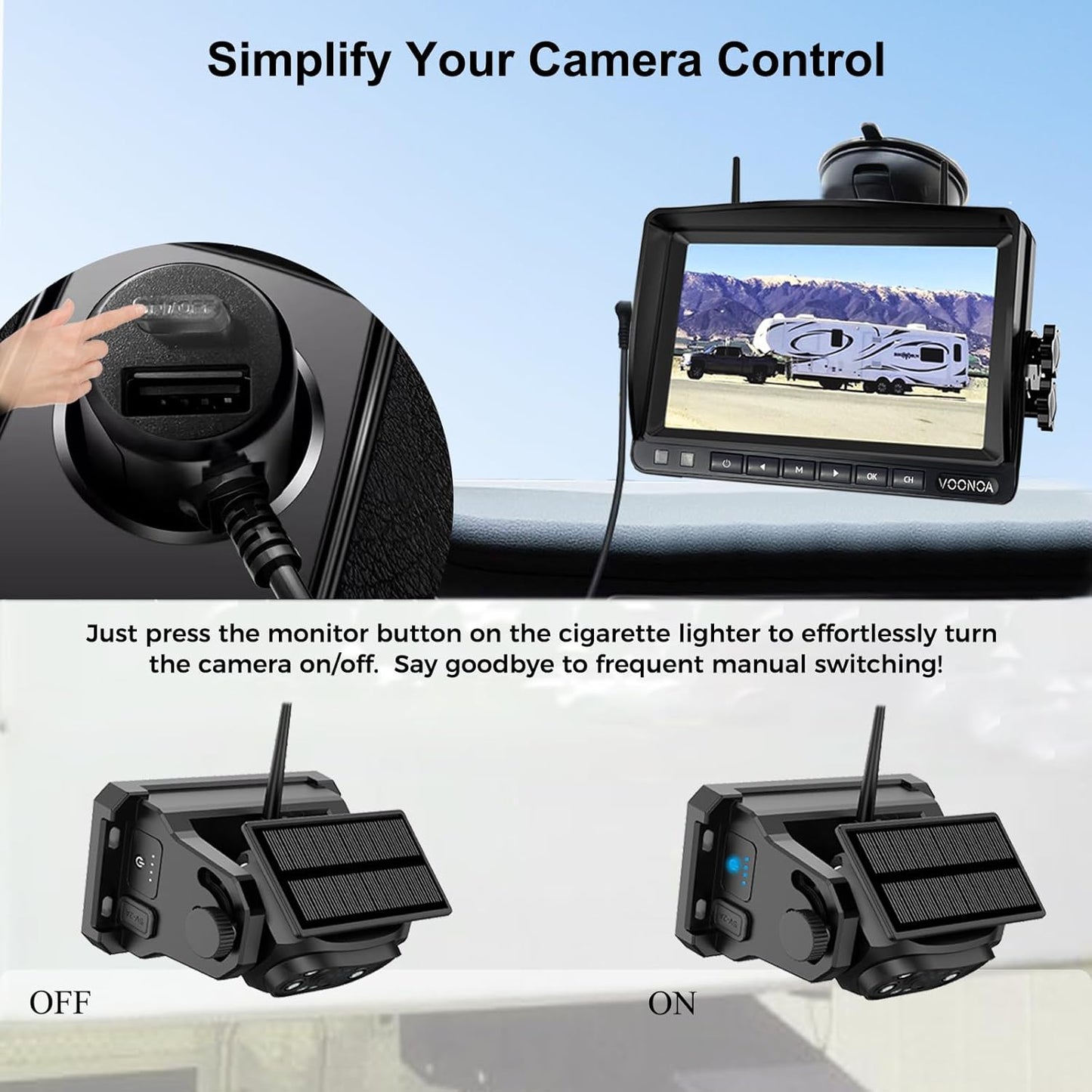 Wireless Magnetic Backup Camera, 9600mAh Battery Powered Rechargeable Waterproof HD Solar Back Up Rear View Bluetooth Hitch Camera with 7 Inch 1080P Monitor System for Car Truck Trailer RV VN003