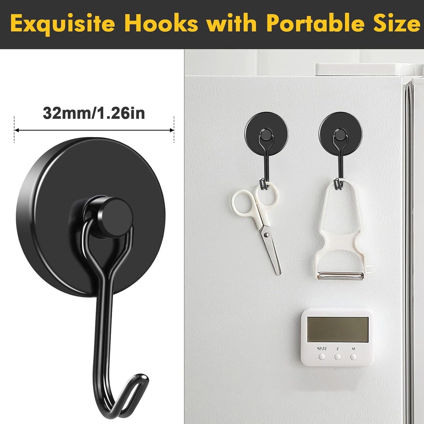 MIKEDE Strong Magnetic Hooks, 110LB Swivel Magnetic Hooks Cruise, Black Neodymium Magnet Hooks Heavy Duty for Hanging, Grill, Cruise Cabins, Refrigerator, Grill, Kitchen, Locker - Pack of 12