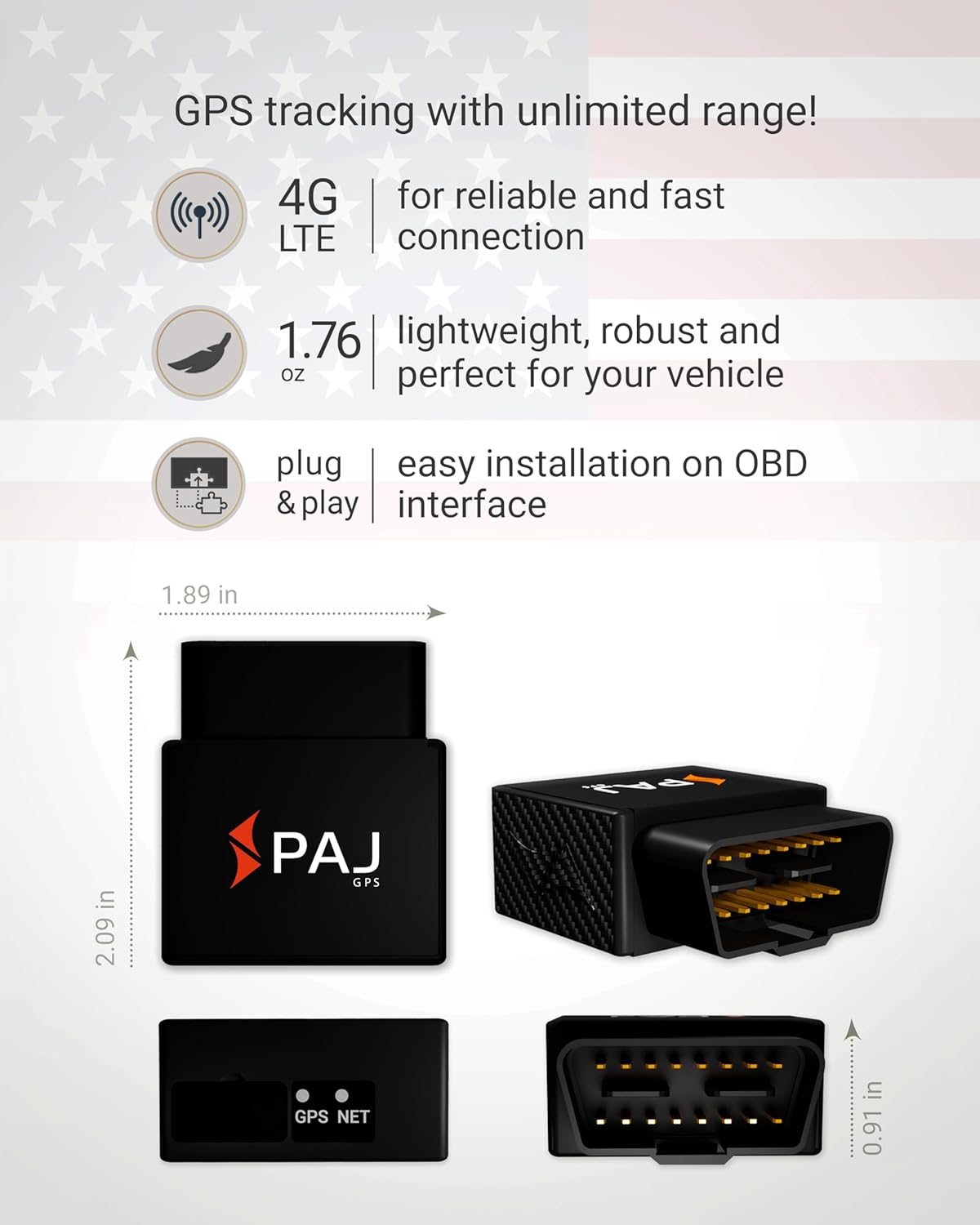 PAJ GPS OBD GPS Tracker 4G LTE, Fleet GPS Tracker, Real Time Tracking Device for Trucks & Transporters, Car Tracking with Alarm Notifications on Location, Speed Monitoring, Permanent Battery via OBD2