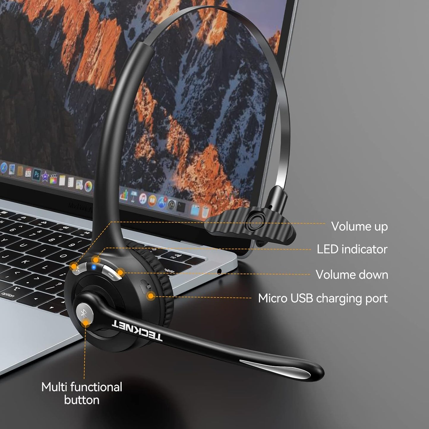 TECKNET Bluetooth Headset, Wireless On Ear Headphones with Noise Cancelling Microphone for Trucker, Hand Free Wireless Headset with Mute Mic for Phone