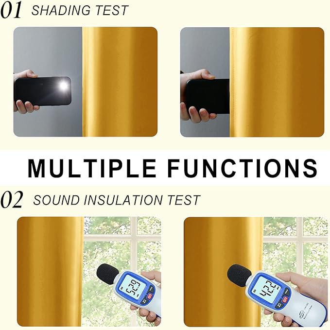 XWZO 100% Blackout Curtain Panels - Thermal Insulated Black Liner Curtains, Noise Reducing and Heat Blocking Drapes for Hall and Studio Windows with Tiebacks, Yellow, W52 x L95, Set of 2
