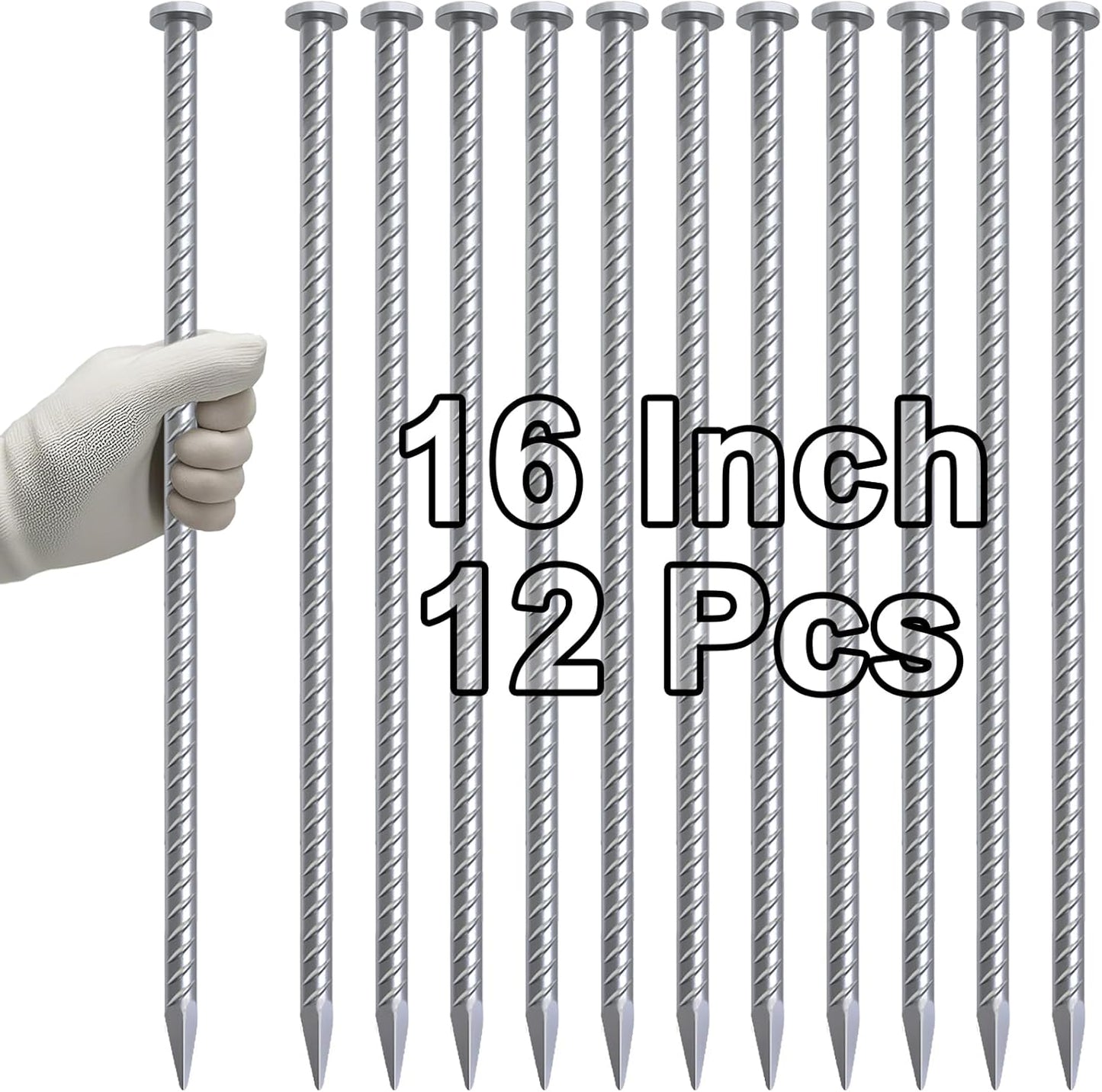 VVOKGO 16 Inch Rebar Stakes Metal Asphalt Anchoring Spikes Ground (12pcs), 1/2 Inch Diameter Galvanized Landscape Anchors Heavy Duty for Speed Bump, Handicap Threshold Ramps, Parking Limits Curb, Tarp