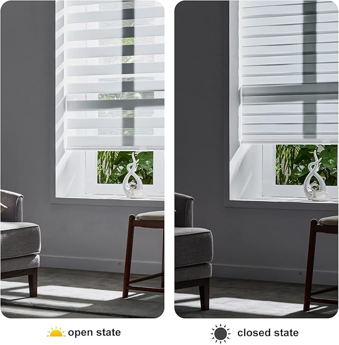 Persilux Cordless Zebra Blinds for Indoor Windows, Free-Stop Light Filtering Sheer Shades, Dual Layer for Day and Night, Roller Shades for Home (34.25" W X 47" H, White)