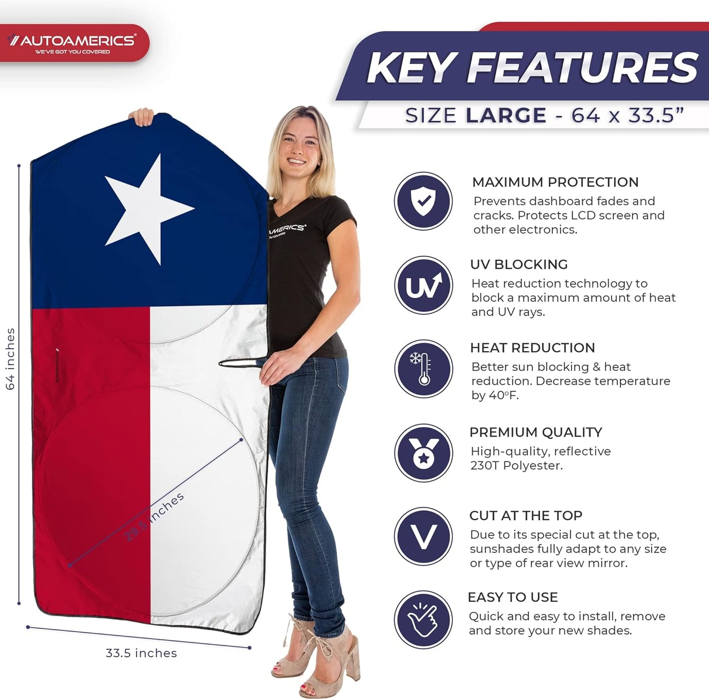 Autoamerics 1-Piece Windshield Sun Shade American Texas Flag USA Patriotic Design - Foldable Car Front Window Sunshade for Sedans SUV Truck - Blocks Max UV Rays and Keeps Your Vehicle Cool - Large