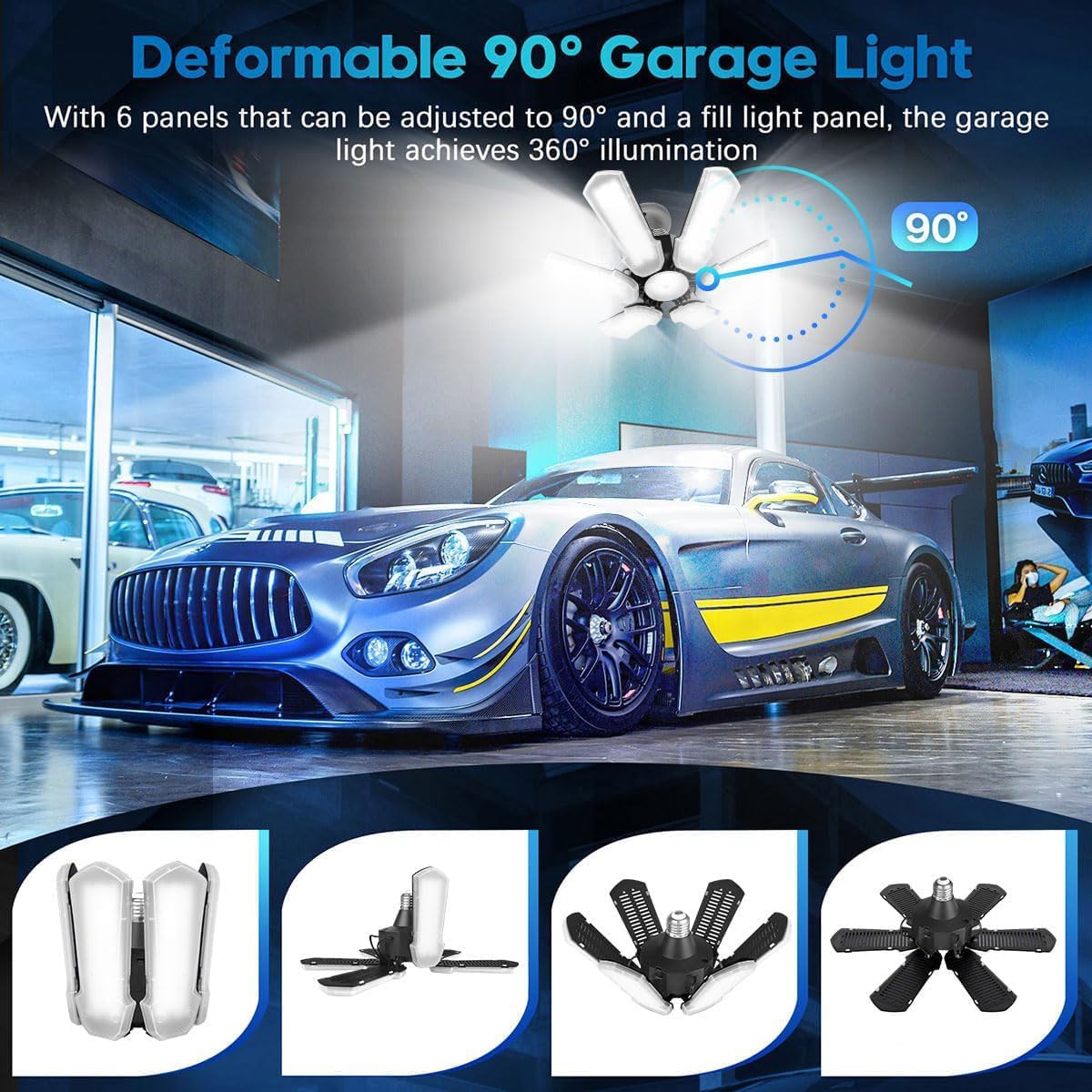 TANBABY Upgrade LED Garage Light, 150W Deformable Ceiling LED Shop Light, 15000LM E26/E27 Garage Lighting with 6+1 Adjustable Panels Bulb for Basement (1pack)