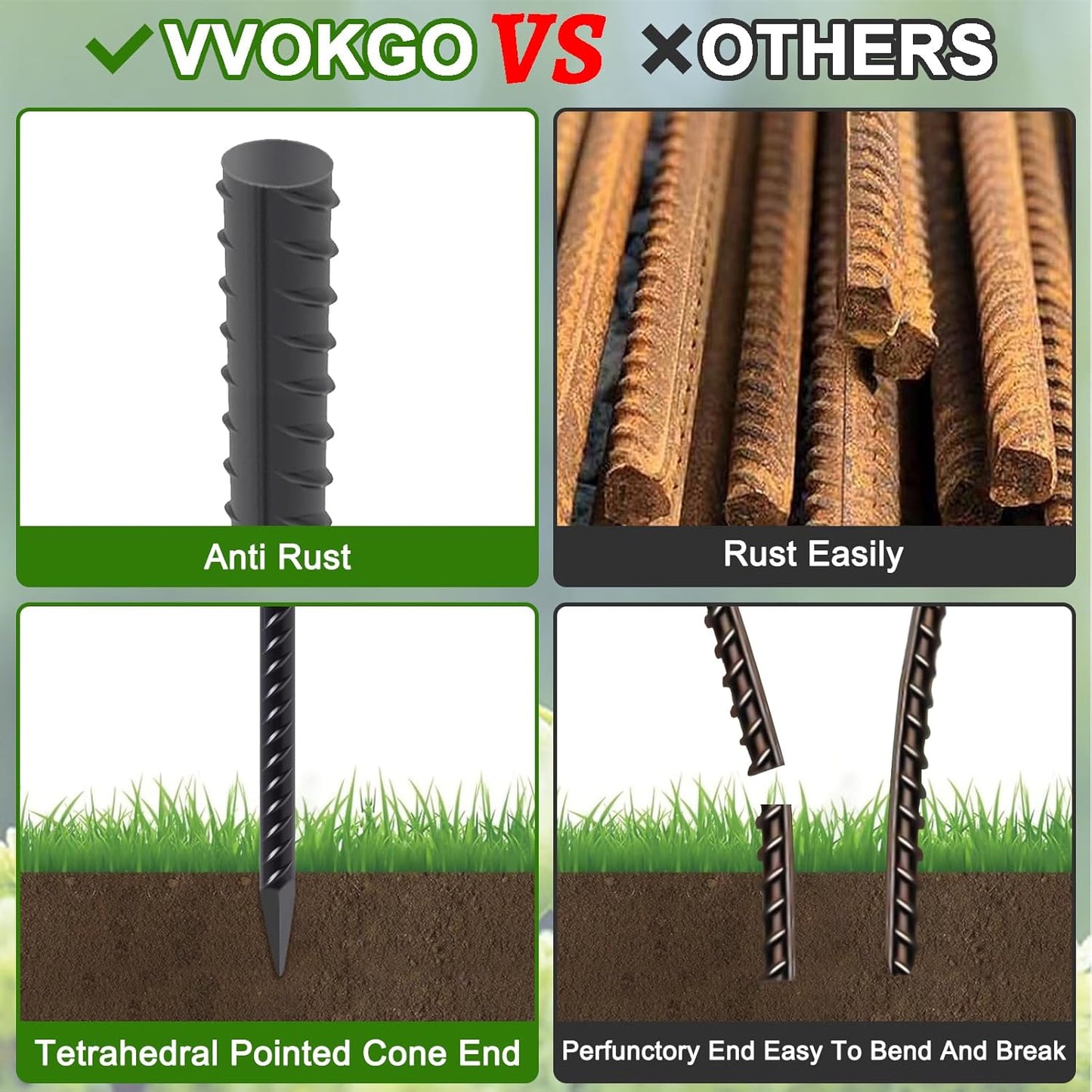 VVOKGO RebarStakes 36 Inch Ground Rebar Stakes (8 pcs), Heavy Duty Hook Ground Anchors, Steel Plant Support Garden Stake with Chisel Point end Black Plastic Spraying for Anti-Rust