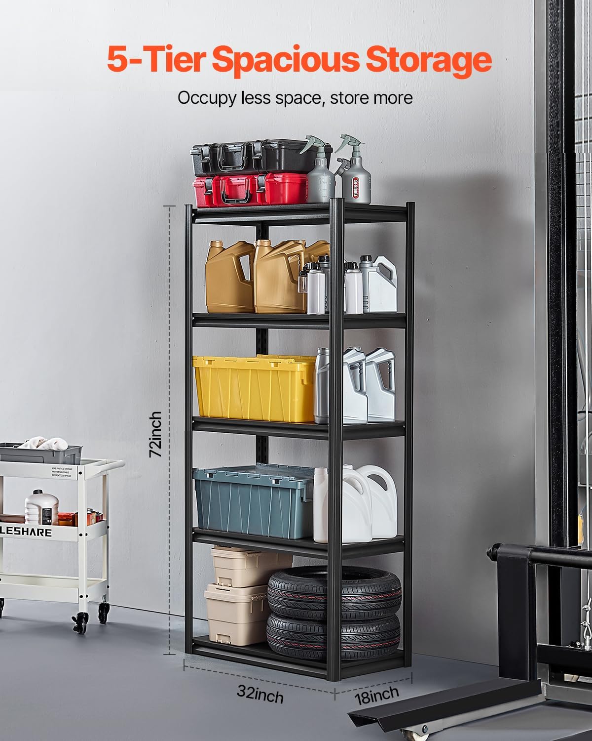 VEVOR Storage Shelves, 2000 lbs, 5 Tier Garage Storage Shelving, 18" D x 32" W x 72" H Adjustable Metal Shelves for Garage Shelves Utility Rack Shelf, Ideal for Kitchen, Warehouse, Basement, Black