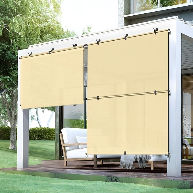 Bynbbur 4'W x 5.5'H Outdoor Patio Shades Foldable Roller Blinds, 220 GSM Sun Shade Roll Up Porch Screens Exterior Shade Cloth for Deck Pergola Backyard, Beige