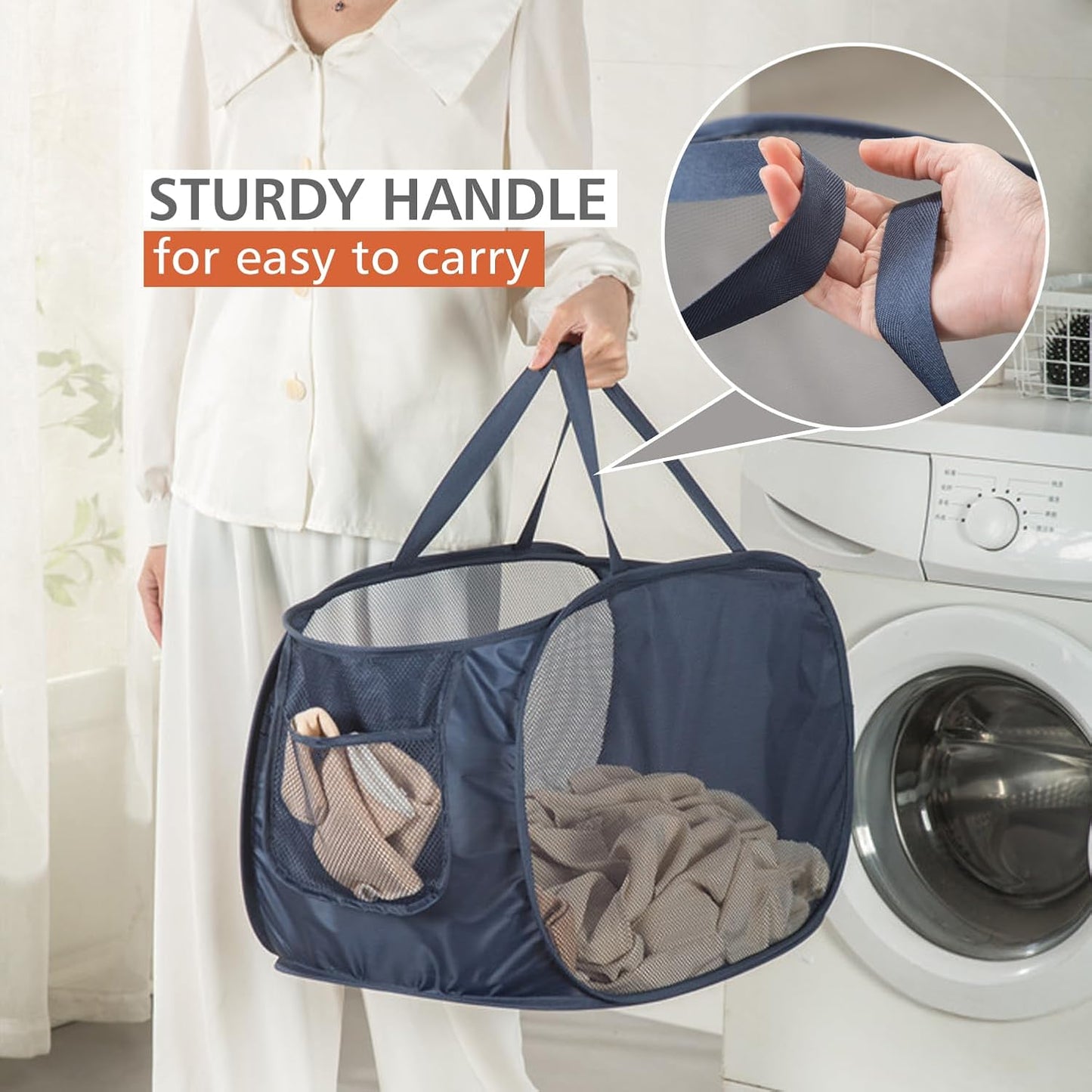 HONOMA Sturdy Mesh Laundry Hamper Basket Bag,Pop up Basket with Side Pocket for Laundry Room, Bathroom, Kids Room, College Dorm or Travel (Pop Horizontal, White)
