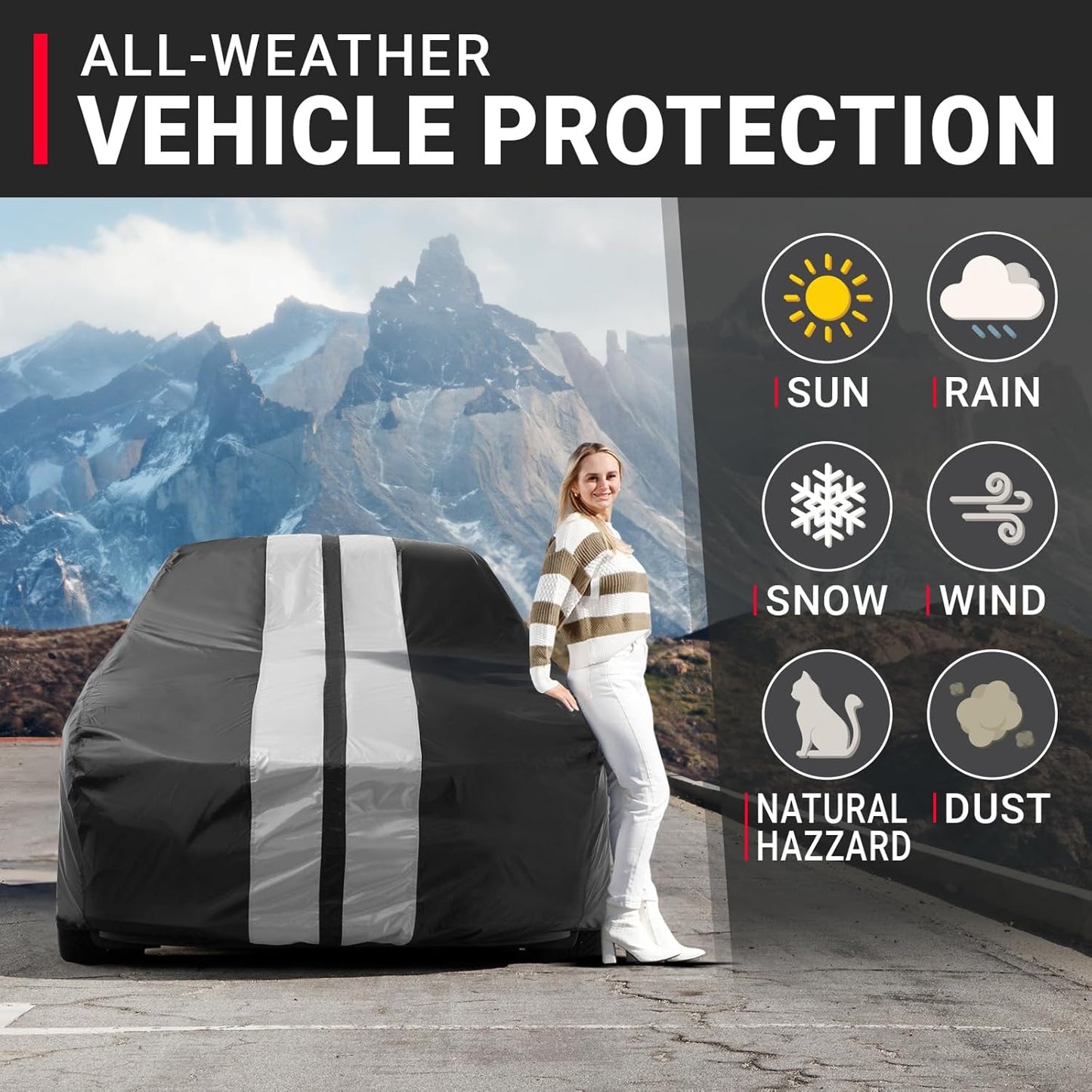 iCarCover Custom SUV Cover for Pontiac Trans AM (1969-1973) Waterproof All-Weather Rain Snow UV Sun Protector Full Exterior Indoor Outdoor Car Cover (Stripe - Black/Gray)