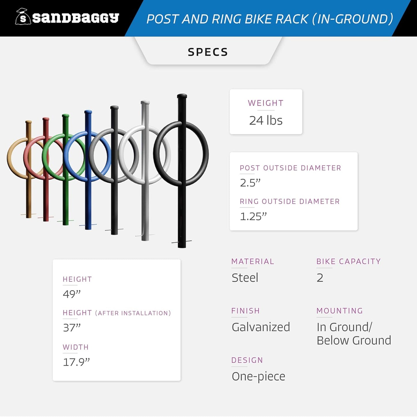 Sandbaggy Post and Ring Rack - In Ground - Commercial Outdoor Bike Parking & Storage Racks (Gray, 2)