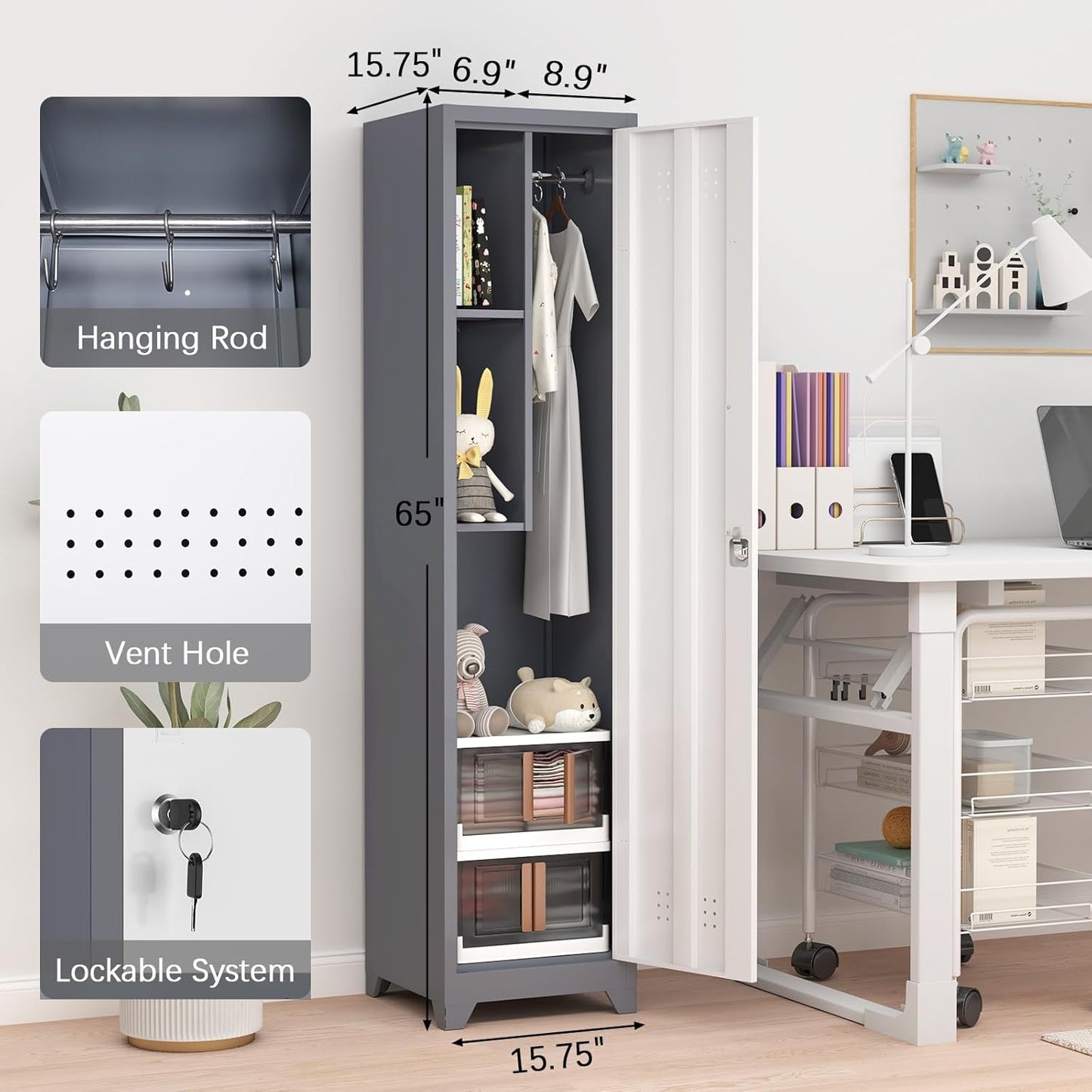 GREATMEET Slim Lockable Garage Storage Cabinet, Narrow Broom Storage Closet, 65" Metal Cleaning Tool Cabinet with Lock and Door,Utility Cabinets for Brooms and Mops for Laundry Room, White&Grey
