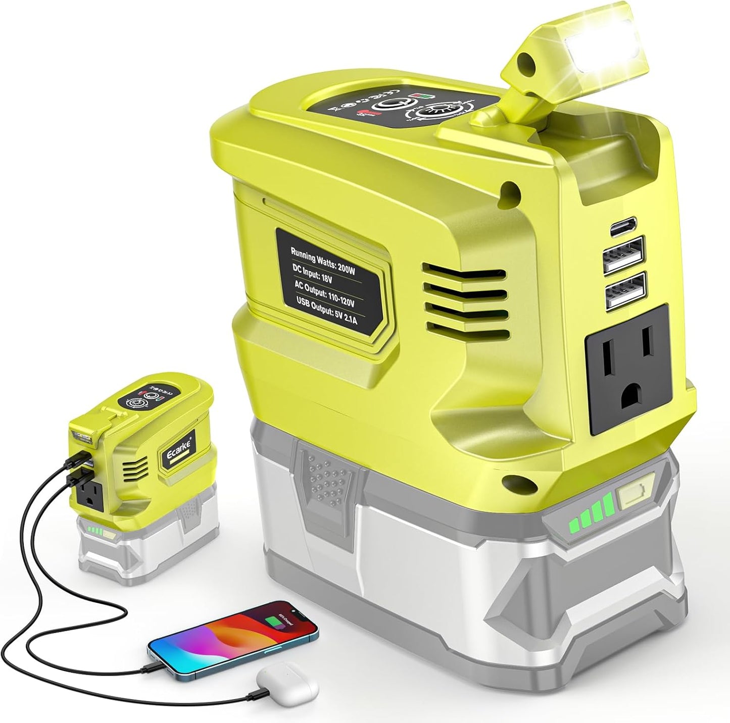 200W Portable Power Inverter Compatible with Ryobi 18V,Ecarke Outdoor Generato Battery Converter with 2 USB&LED&AC Battery Powered Outlet,Convert DC 18V/20V to AC 110V-120V Portable Power Station