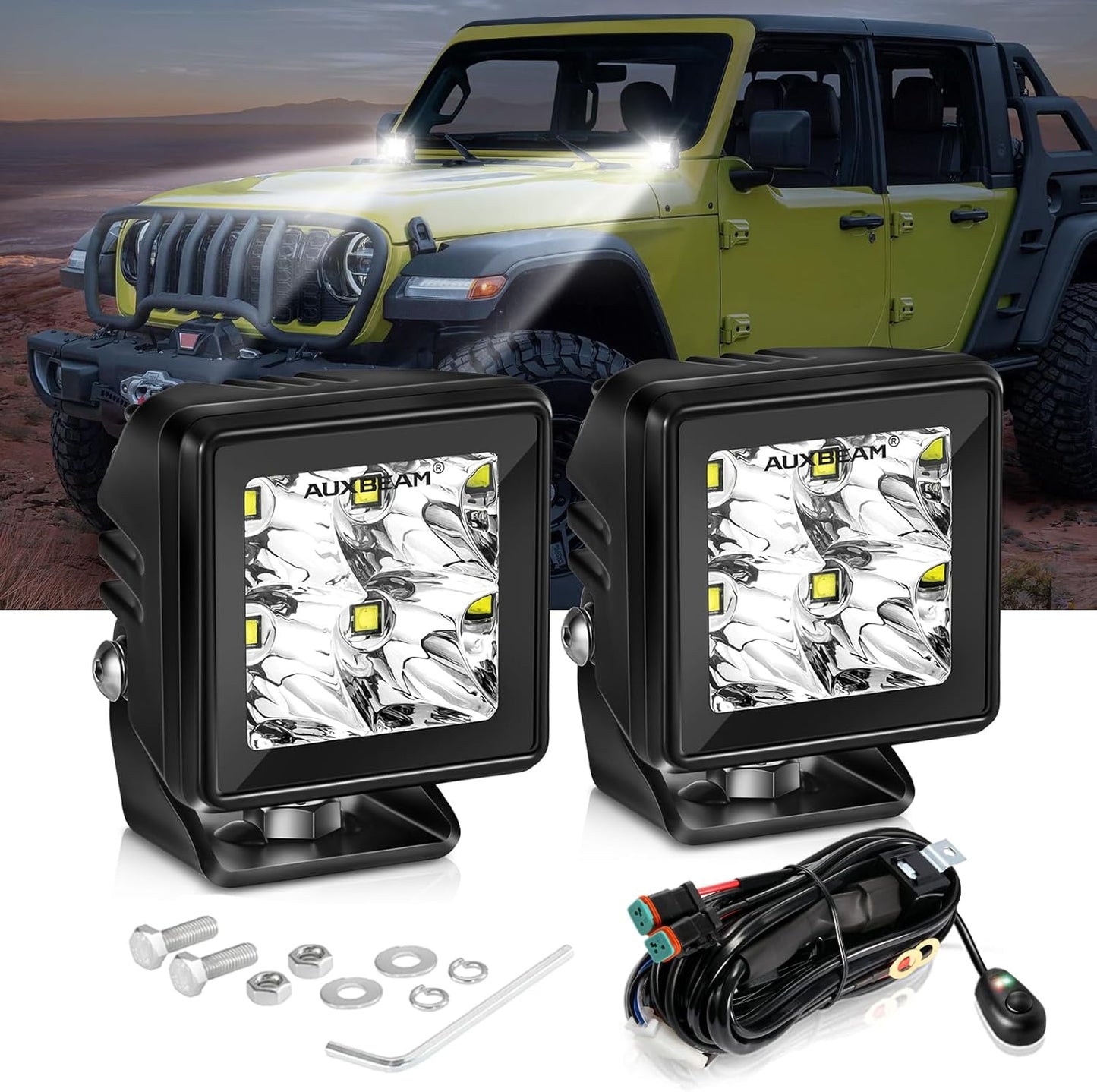 Auxbeam LED Pod Light, 2 Inch White Offroad Cube Light Pods Focusing Spotlights, 4800LM Off Road Spot Beam Auxiliary Driving Ditch Work Lights for Auto Truck Car Jeep