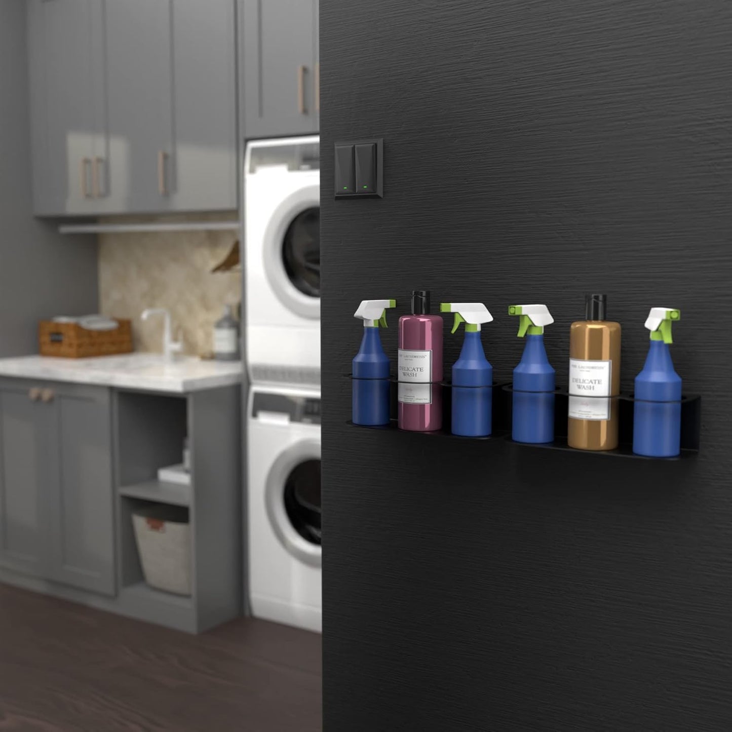 Koova 6 All-Purpose Spray Bottle Holder | Easy Install Wall Mount Hardware Included | Heavy-Duty Powder Coated Steel Storage Rack for Garage And Home | Craft Workspace Paint Bottle Organizer USA Made