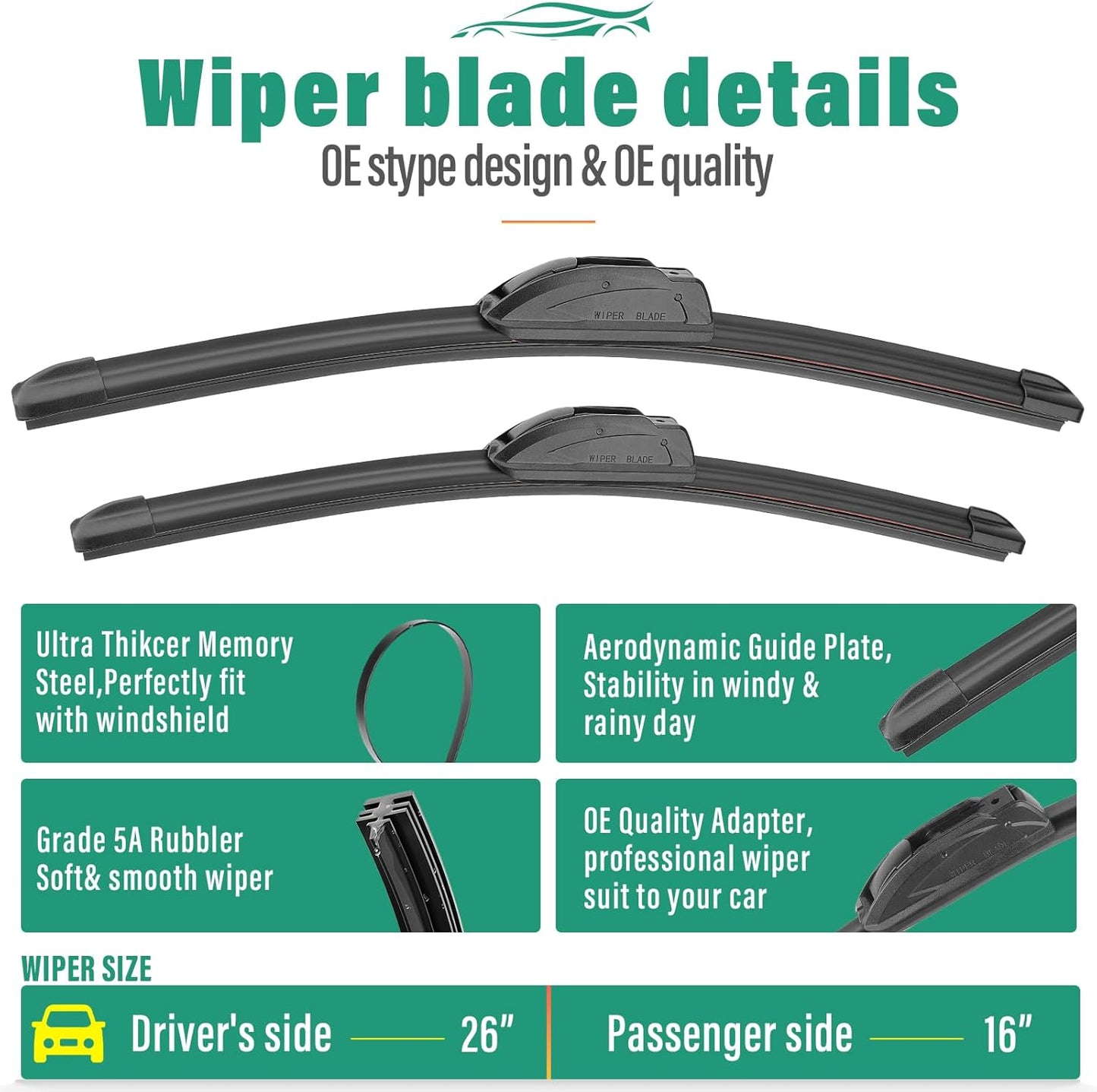 26" 16" 12" Windshield Wiper Blades Replacement for Kia Sorento 2021 2022 2023 2024 Premium All Weather Front Rear Wipers Set - OEM Quality (Pack of 3)