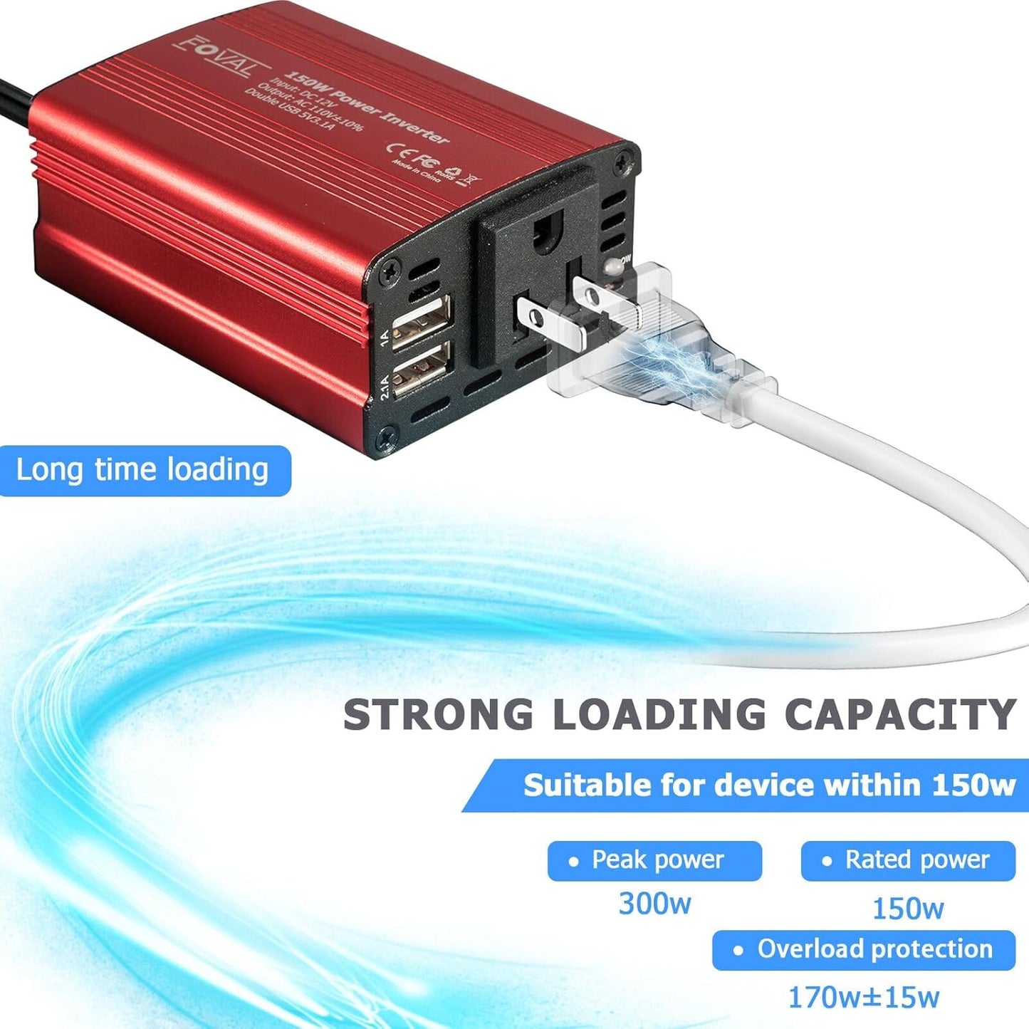 FOVAL 150W Car Power Inverter 12V DC to 110V AC Converter Vehicle Adapter Plug Outlet with 3.1A Dual USB Car Charger for Laptop Computer (Classic Red)