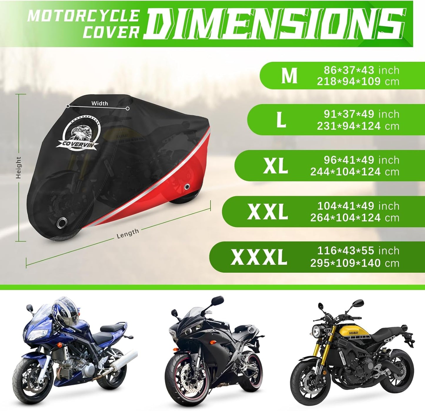 COVERVIN Motorcycle Cover, All Weather Outdoor Waterproof Night Protection with Reflective Strips, Locking Holes and Storage Bag for 91 Inch Suzuki, Kawasaki, Honda, Harley-Davidson(Red L)