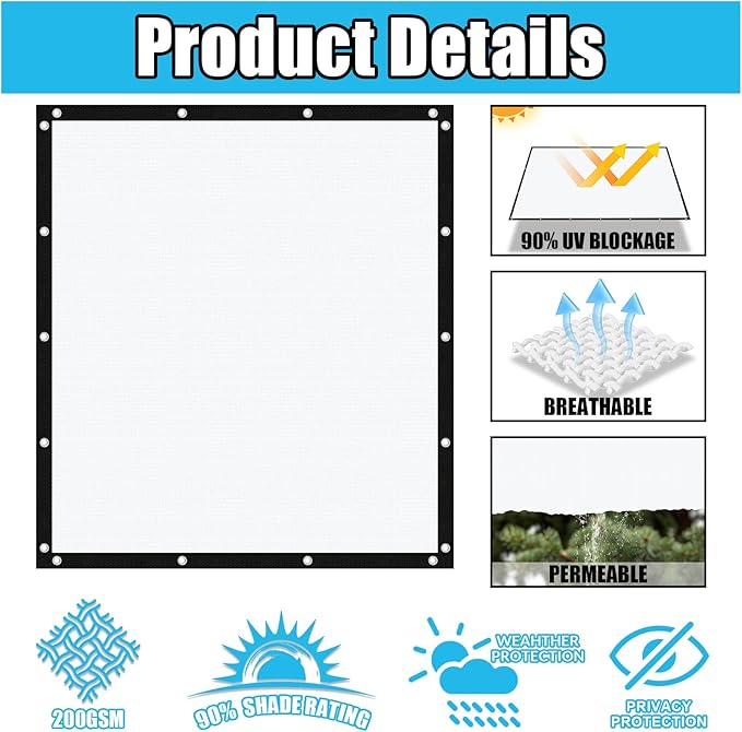 Amagenix 90% Pergola Shade Cover 9' X 9' Sun Shade Cloth with Grommets for Outdoor Garden Patio Porch, Commercial Grade 200 GSM - Cable Zip Ties Included (We Customized) GN108, White